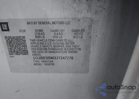 2018 Chevrolet Cruze Lt Auto из США, поврежденный, VIN 1G1BE5SM3J7247778